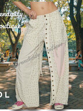 LAST ONE POL Boho Oversized Wide Leg Button Floral Patchwork and Lace Pant
